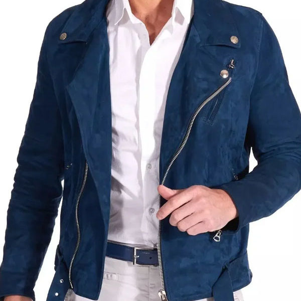 Men's Genuine Blue Biker Suede Leather Jacket