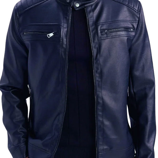Men's Genuine Cafe Racer Lambskin Blue Leather Jacket