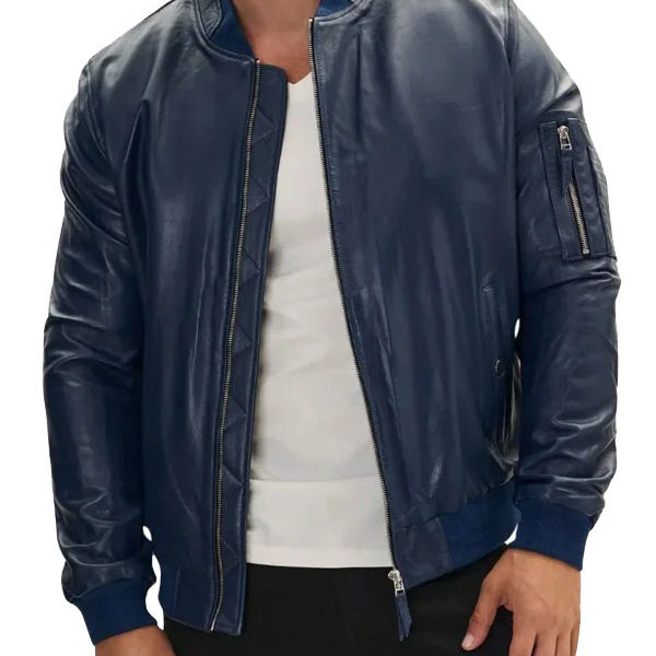Men's Navy Blue Premium Real Leather Bomber Jacket