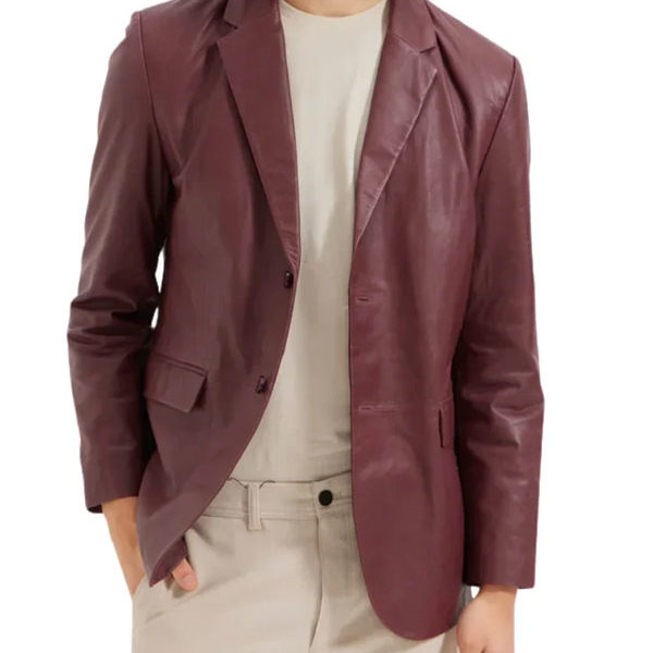 Men's Notch Lapel Real Wine Red Leather Blazer Jacket