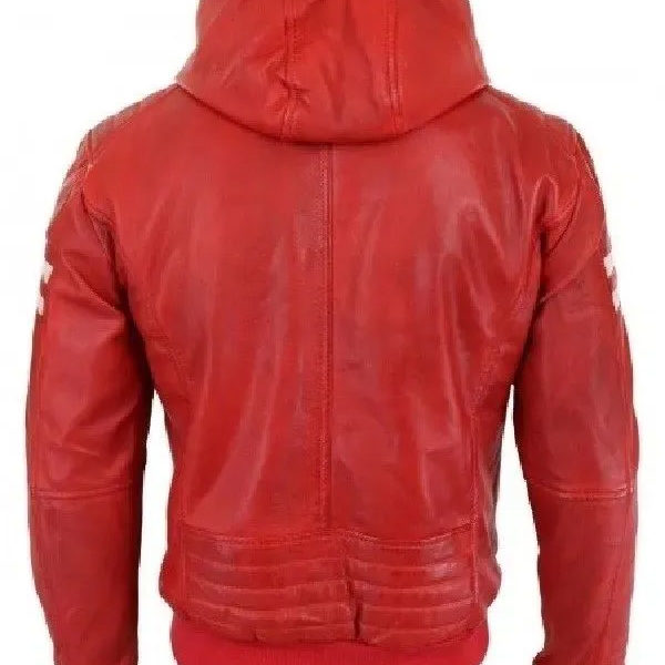 Men's Red Faux Leather Bomber Hooded Jacket