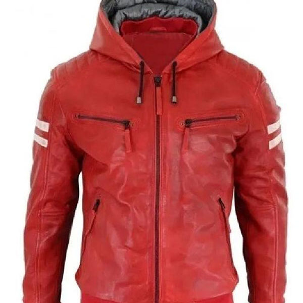 Men's Red Faux Leather Bomber Hooded Jacket