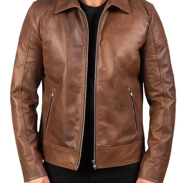 Men's Reeves Brown Biker Shirt Collar Leather Jacket