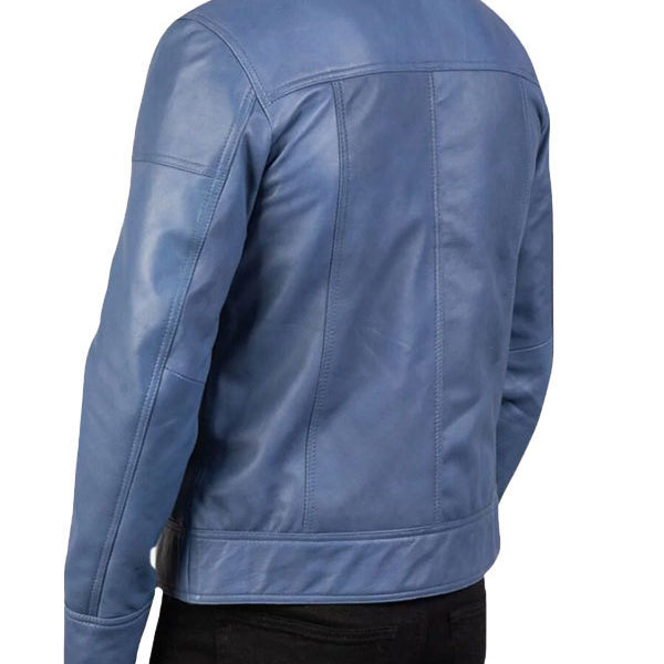 Men's Shirt Collar Blue Motorcycle Premium Leather Jacket