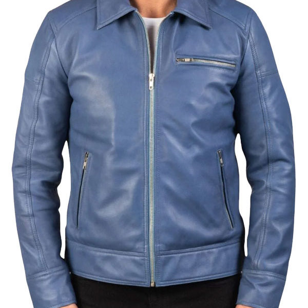 Men's Shirt Collar Blue Motorcycle Premium Leather Jacket