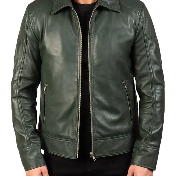Men's Shirt Collar Green Biker Real Leather Jacket