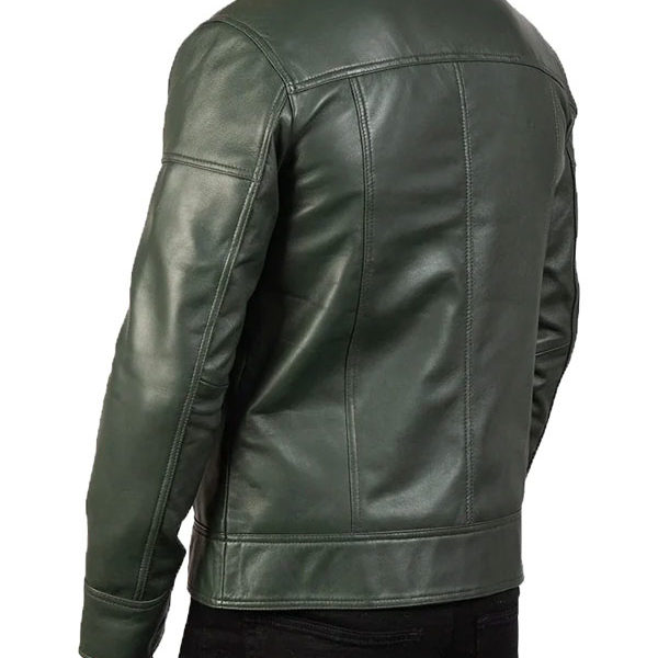 Men's Shirt Collar Green Biker Real Leather Jacket