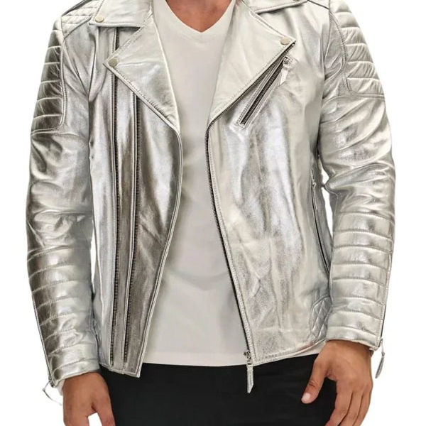 Men's Silver Motorcycle Premium Leather Jacket