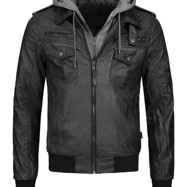 Men's With Removable Hooded Black Leather Bomber Jacket