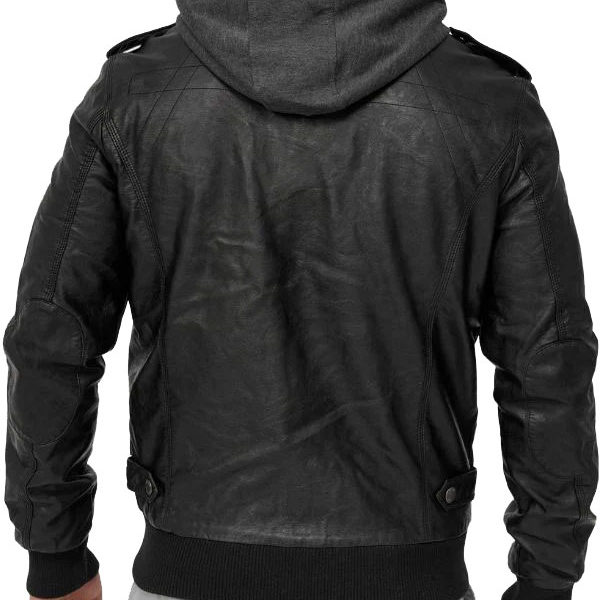 Men's With Removable Hooded Black Leather Bomber Jacket