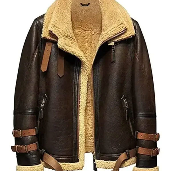 Peter Brown Triple Belted Brown Shearling Leather Jacket