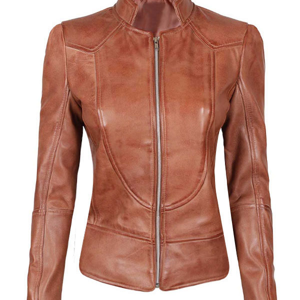 Women’s Amy Cafe Racer Tan Brown Leather Jacket