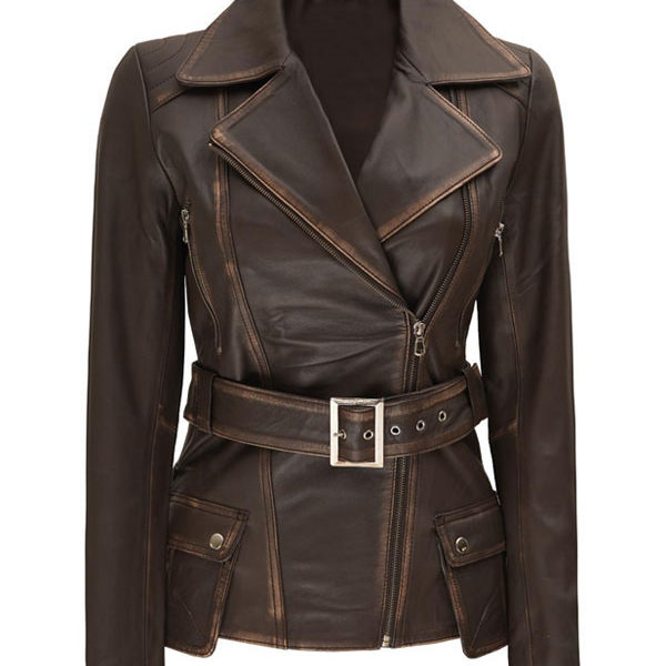 Women’s Asymmetrical Belted Distressed Brown Leather Coat