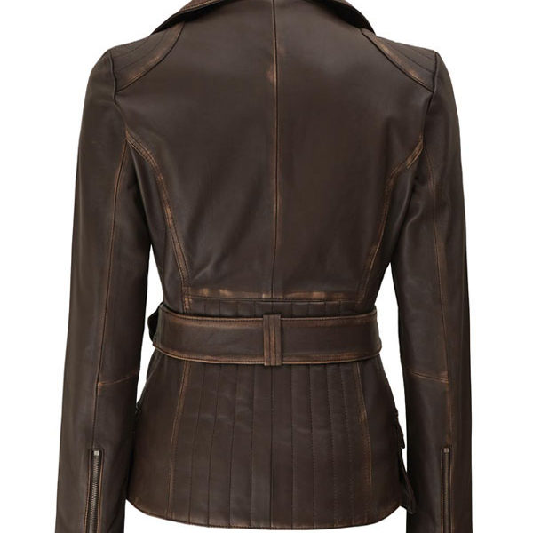 Women’s Asymmetrical Belted Distressed Brown Leather Coat