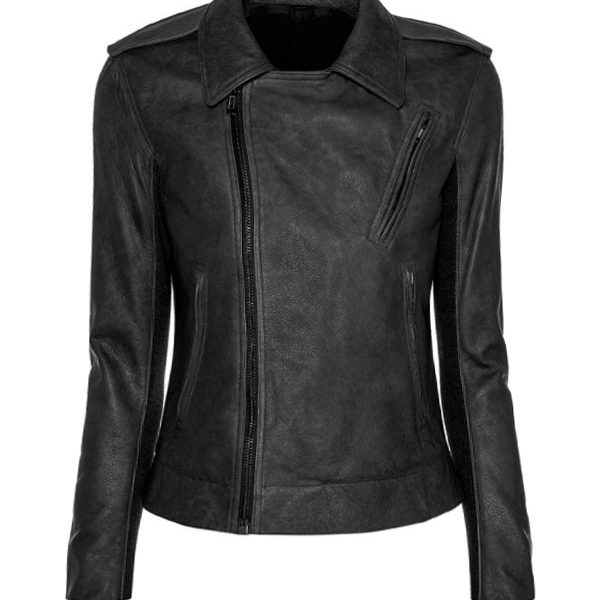 Women’s Asymmetrical Distressed Black Real Leather Jacket