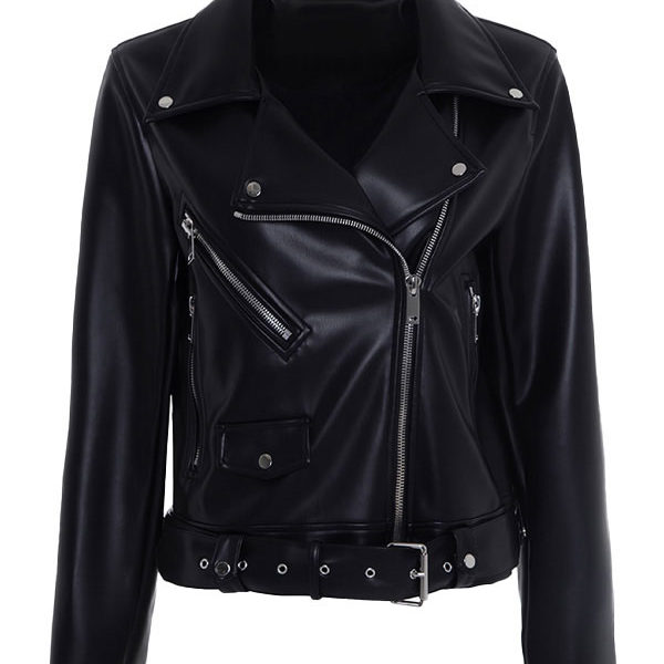 Women's Belted Style Black Motorcycle Real Leather Jacket