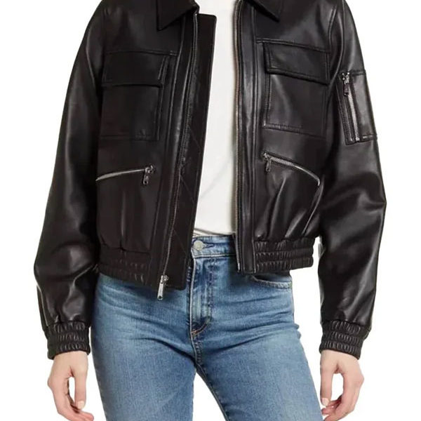 Women's Black Premium Leather Bomber Jacket