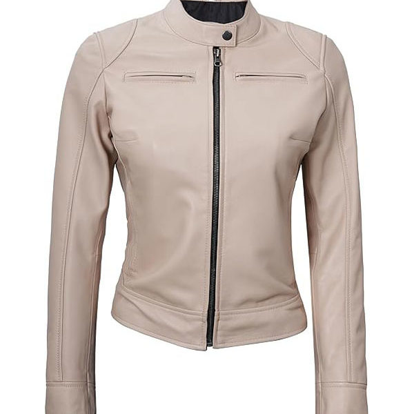 Women’s Cafe Racer Dodge Beige Real Leather Jacket