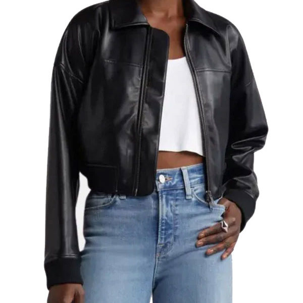 Women's Cropped Black Premium Leather Bomber Jacket