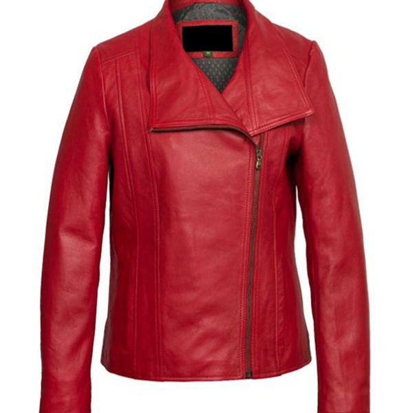 Women’s Distressed Red Leather Cross Zipper Jacket
