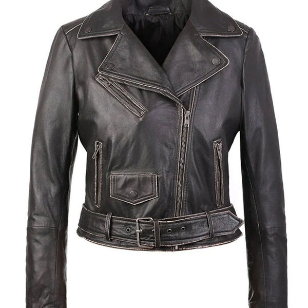 Women's Distressed Short Body Black Biker Leather Jacket