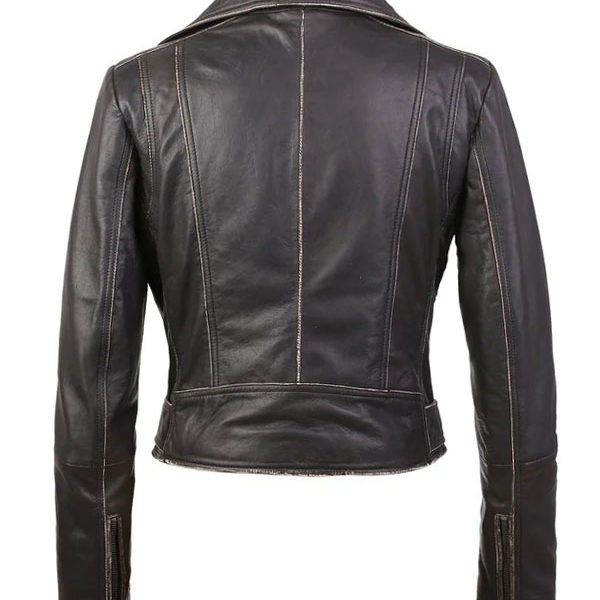 Women's Distressed Short Body Black Biker Leather Jacket