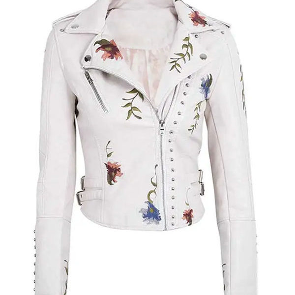 Women’s Embroidery Spring Fall Winter White Leather Jacket