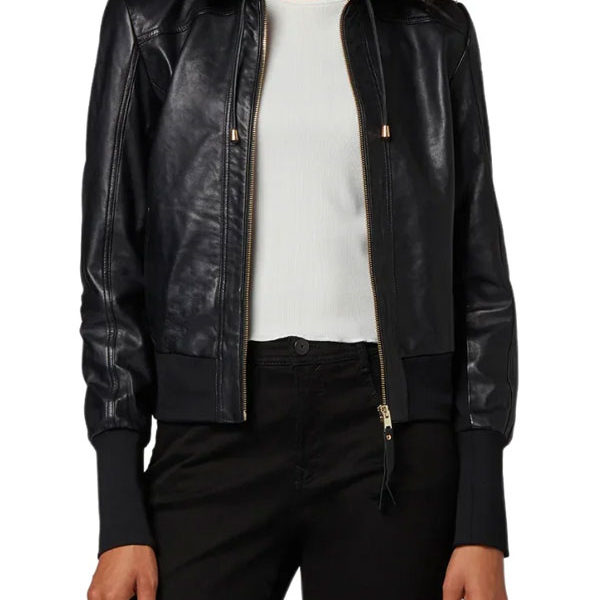 Women's High Neck Black Premium Leather Bomber Jacket