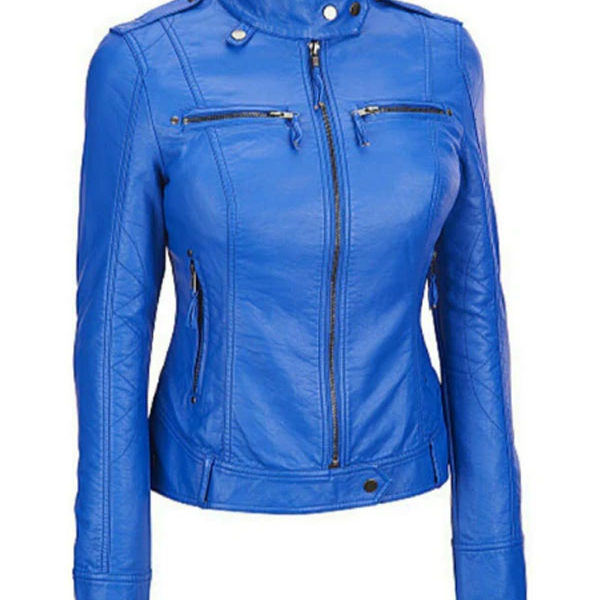 Women’s Royal Blue Real Leather Zipper Jacket