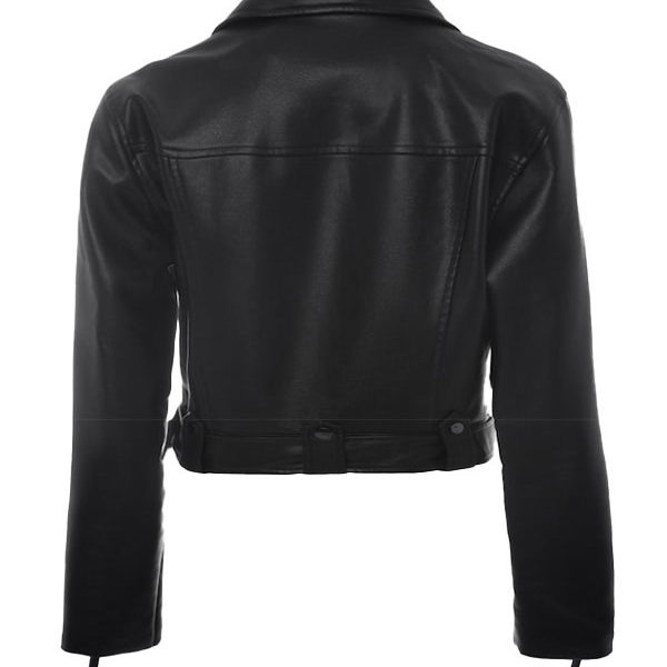 Women's Short Body Belted Style Black Leather Jacket