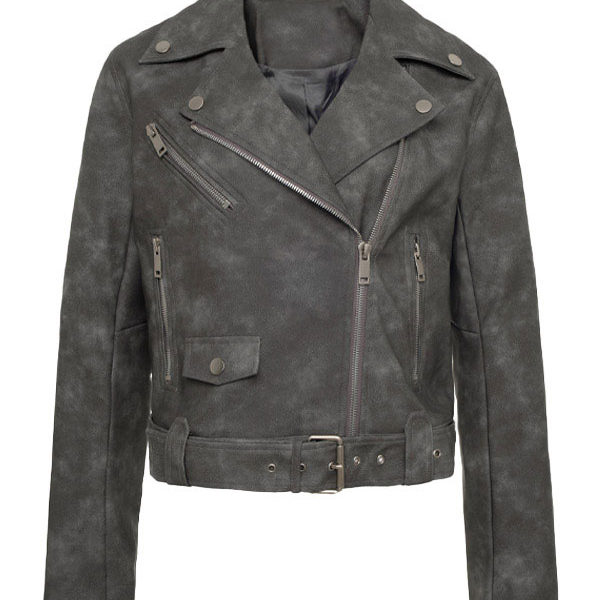 Women's Textured Style Distressed Grey Biker Leather Jacket